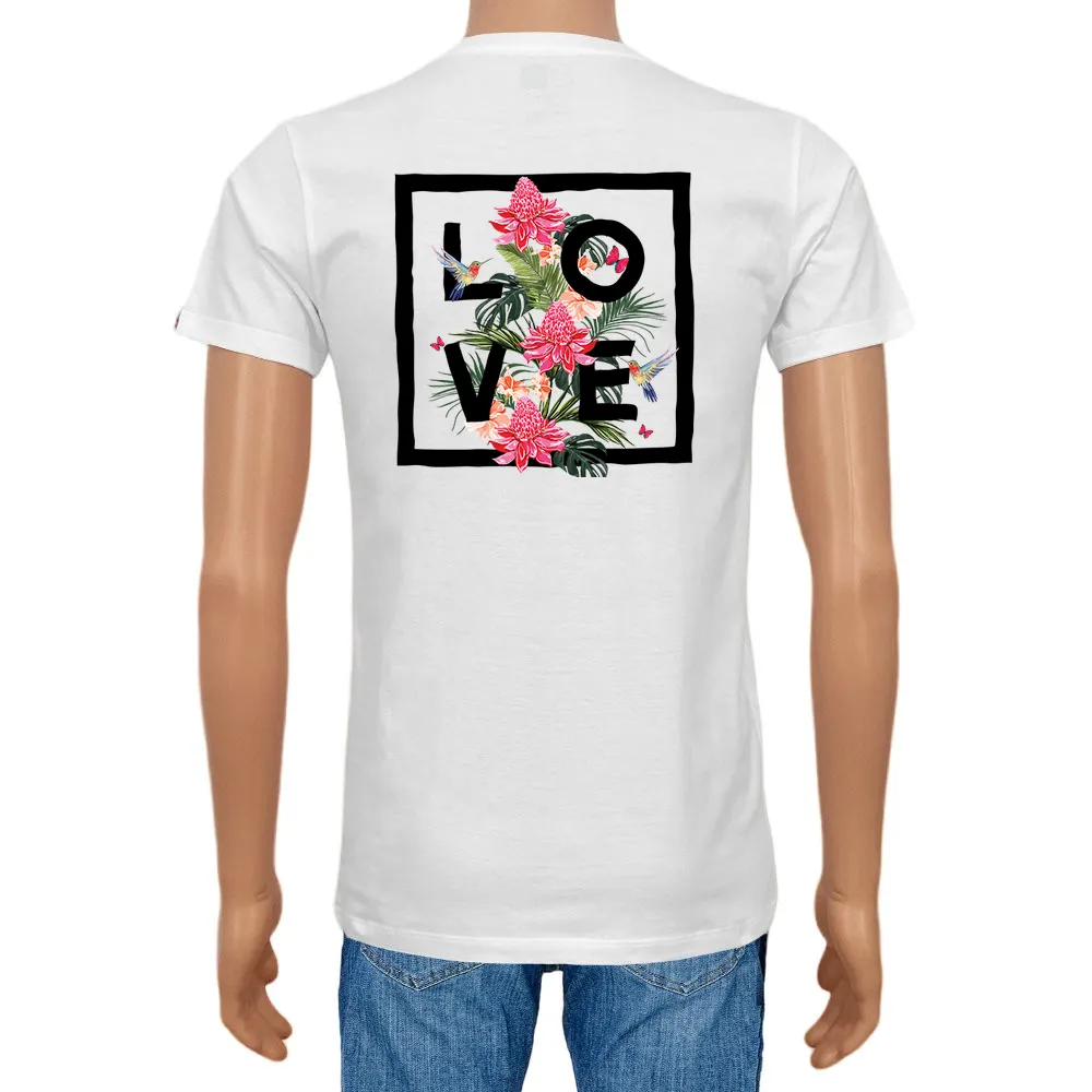 Men's T-shirt Cotton Plain V-Neck  White Logo Flowers - Love Concept Store